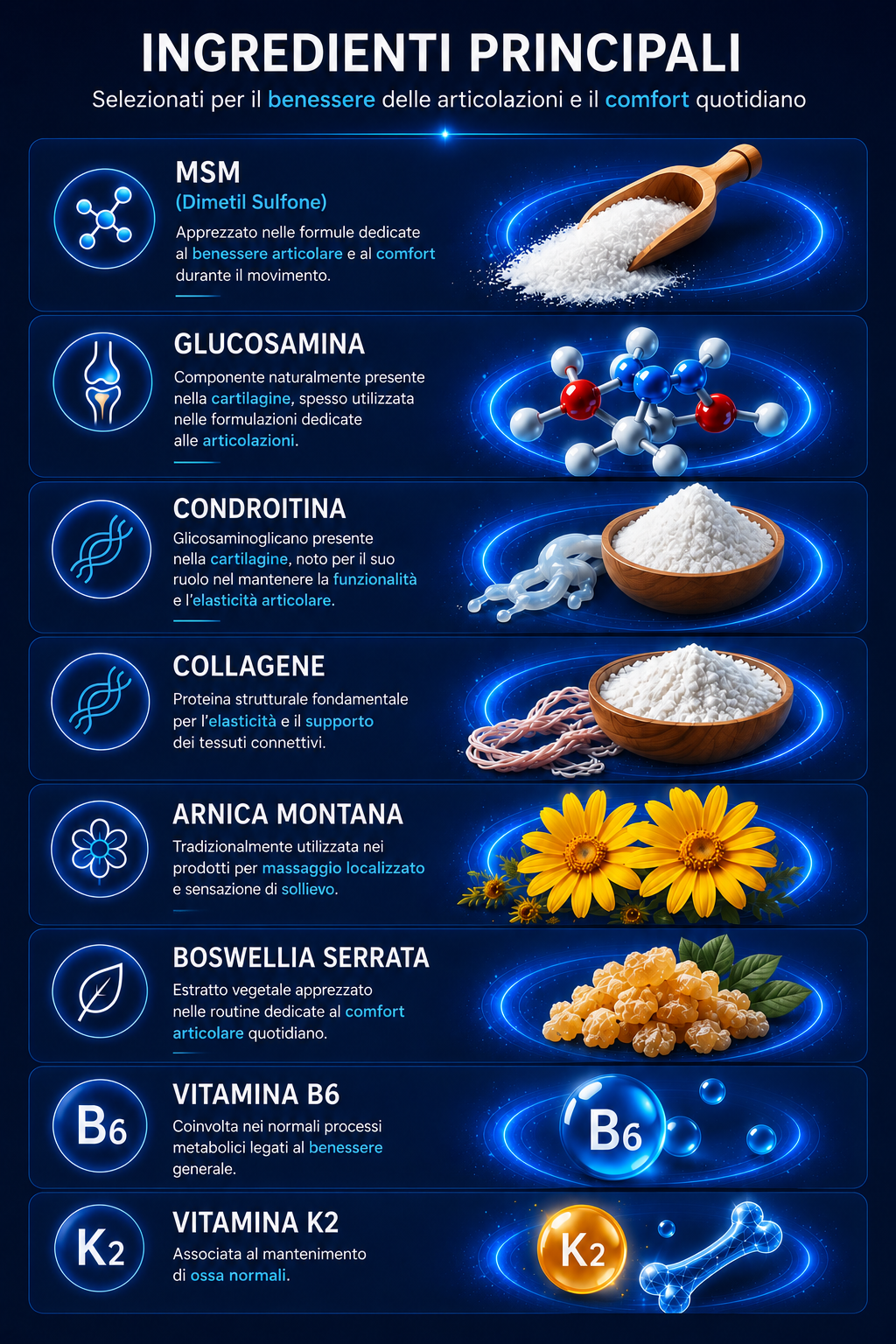 Ingredienti principali di ArtrovivPlus: MSM, glucosamina, condroitina, collagene, arnica montana, boswellia serrata, vitamina B6 e vitamina K2