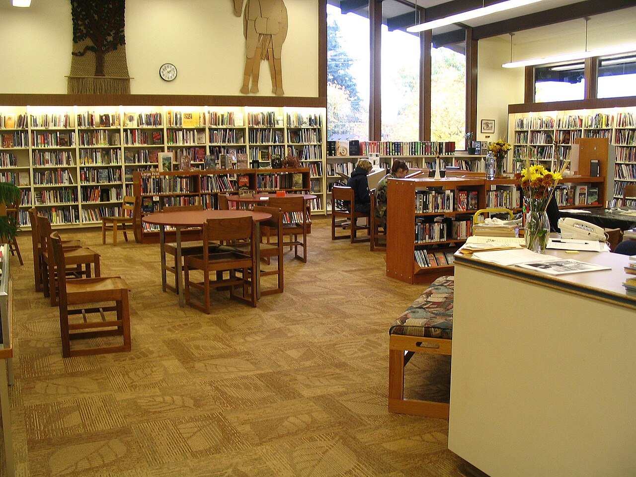 Interno della biblioteca pubblica di Stevenson nello Stato di Washington, con scaffali, tavoli e postazioni di lettura