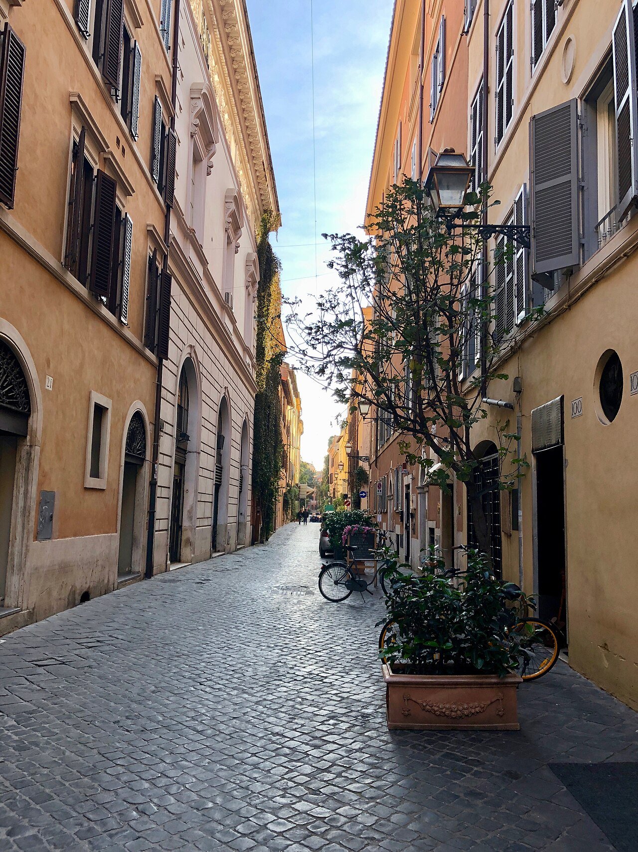 Via Margutta a Roma con facciate, piante e pavimentazione in pietra, foto d’archivio illustrativa