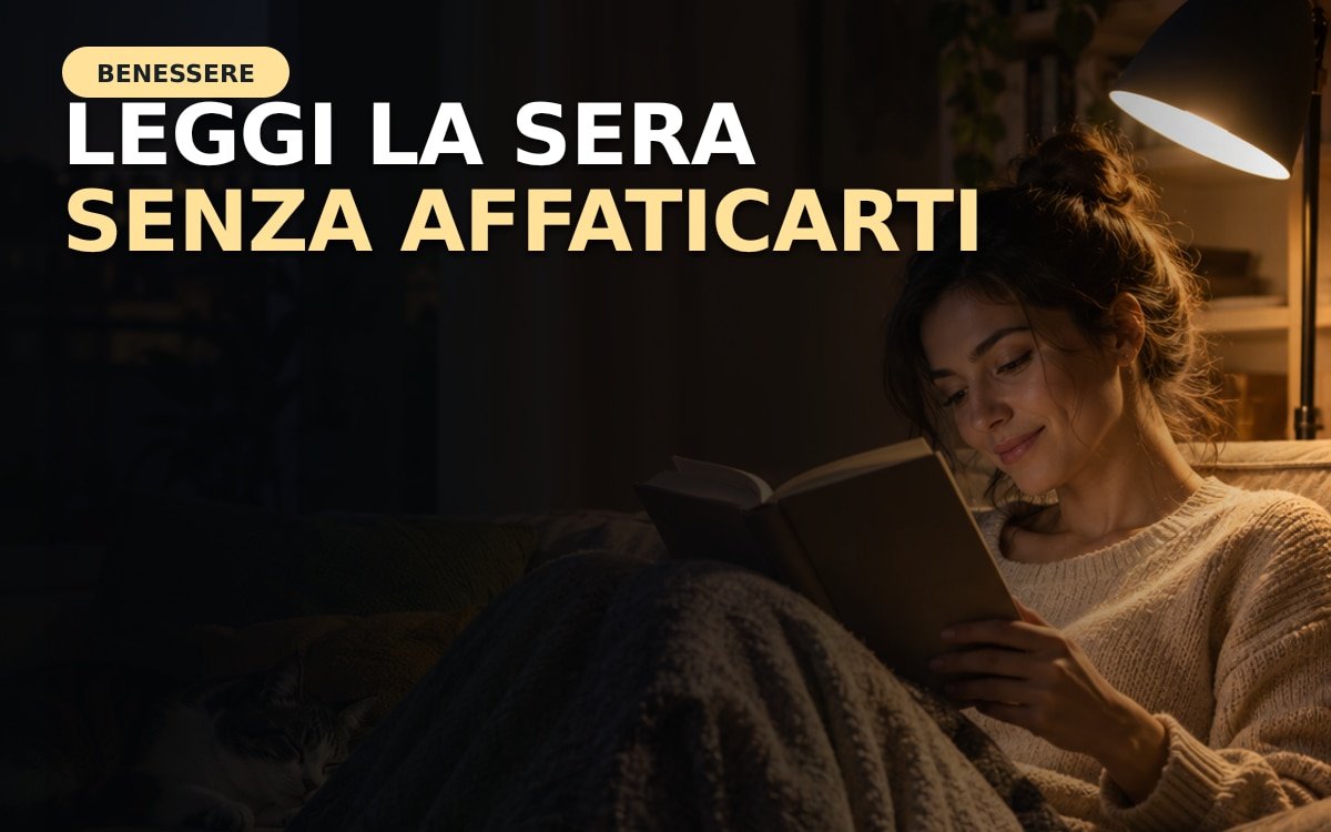 Persona adulta che legge un libro con una lampada da tavolo