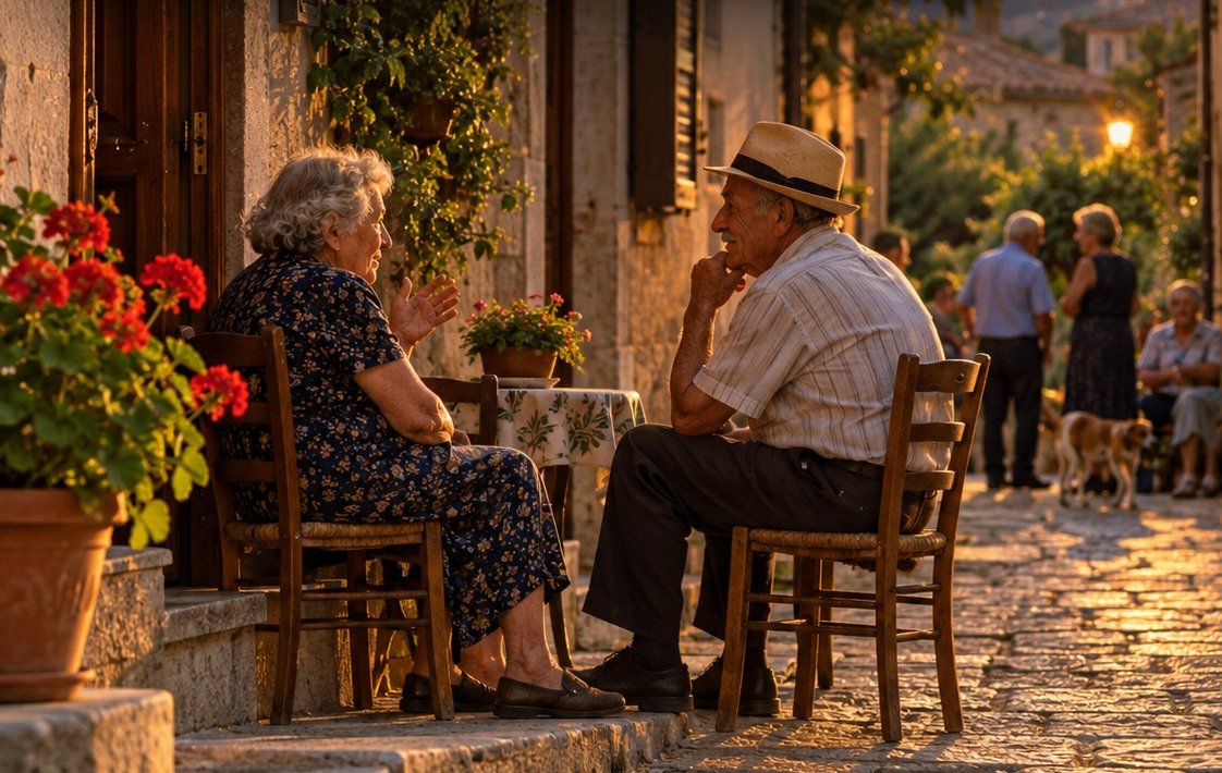 Coppia anziana seduta davanti casa al tramonto mentre conversa in una strada di paese