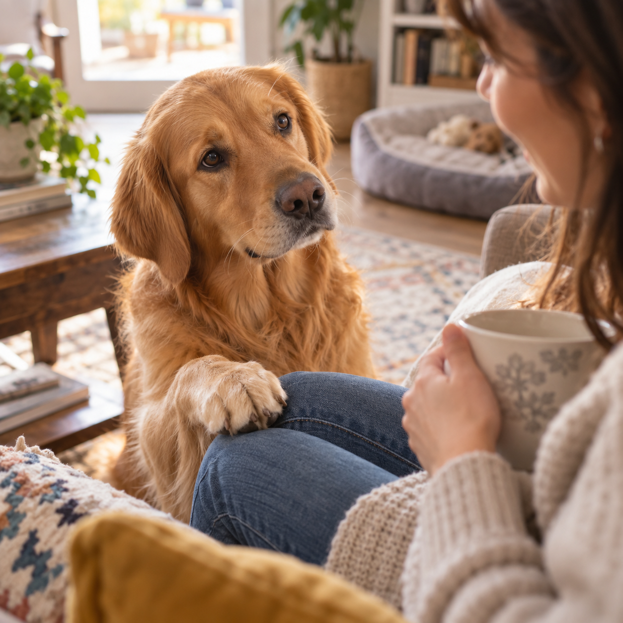 Golden retriever appoggia una zampa sul ginocchio della sua proprietaria