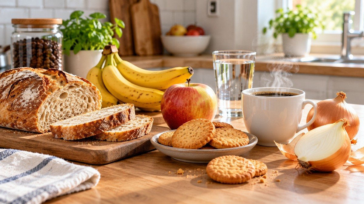 Ingredienti e oggetti su un piano di cucina