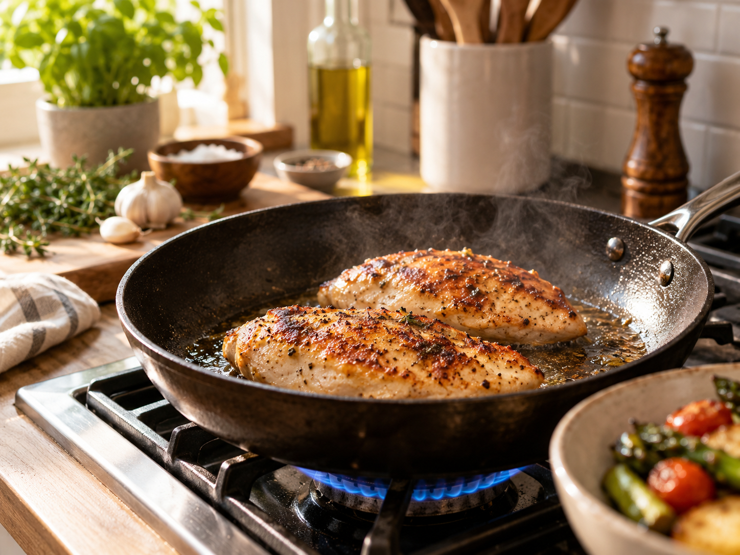 Petto di pollo rosolato in una padella calda sul fornello