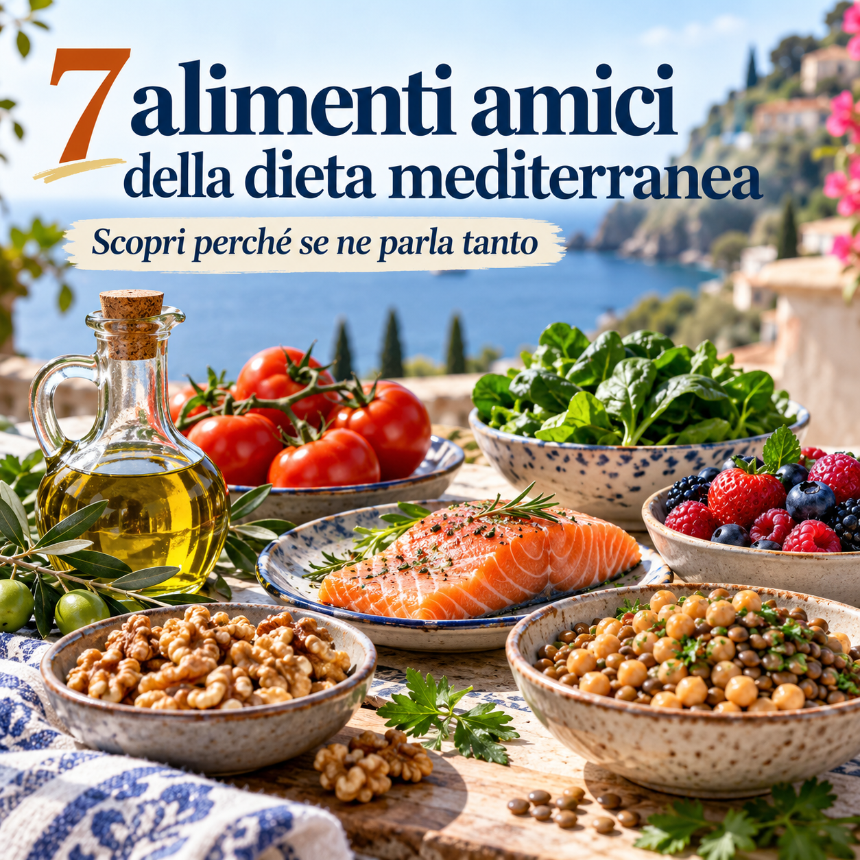 Tavola mediterranea con verdure, olio, legumi, frutta e pesce